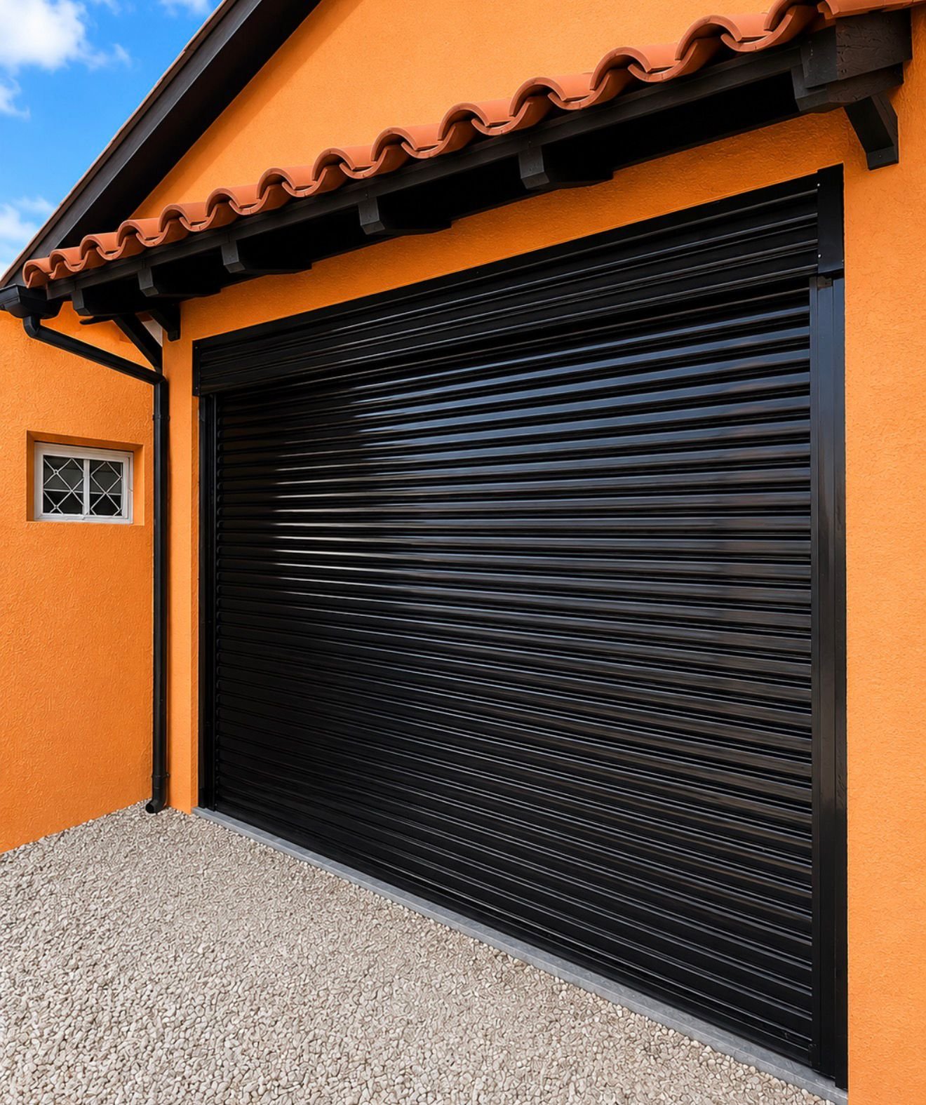 Porta de enrolar preta instalada em residência